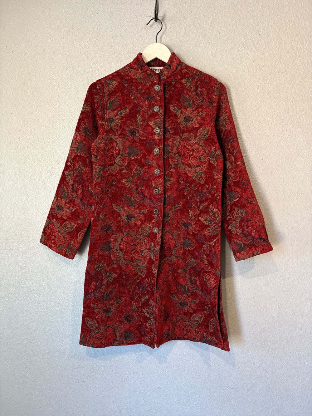 Chicos Vintage Tapestry Jacquard Mandarin Collar Mid Length Jacket Coat 0 Small